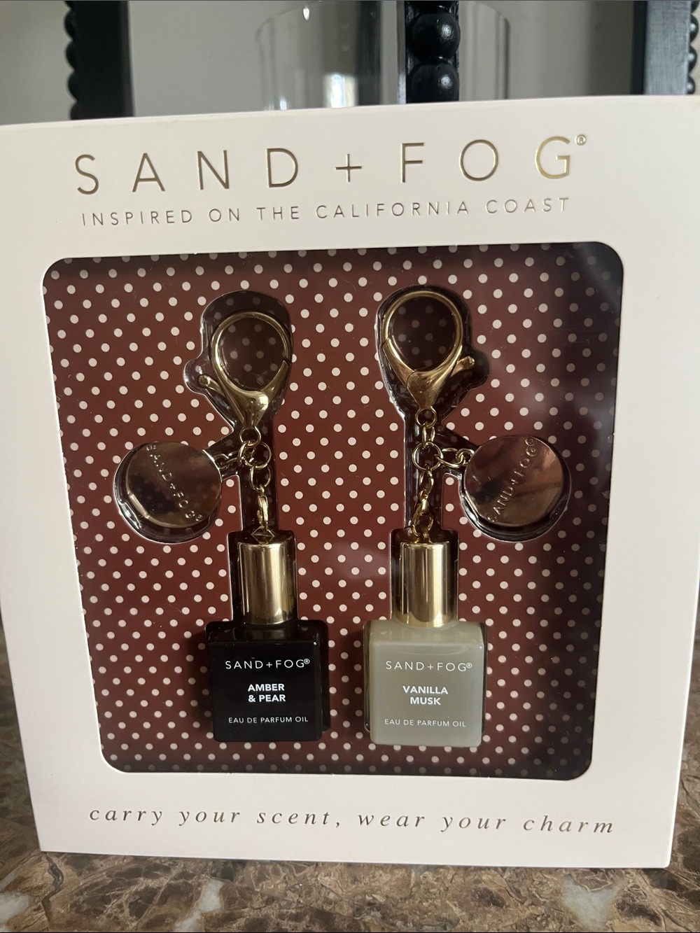 SAND+FOG Amber & Vanilla Musk Mini Body Oil Keychain Duo — Amber and Cream